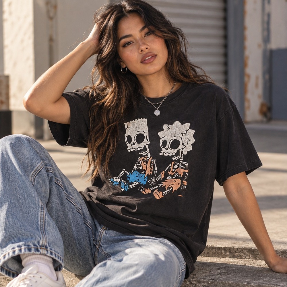 The Simpsons Bart Lisa Skeleton Graphic T Shirt Black Size L Distressed Tee